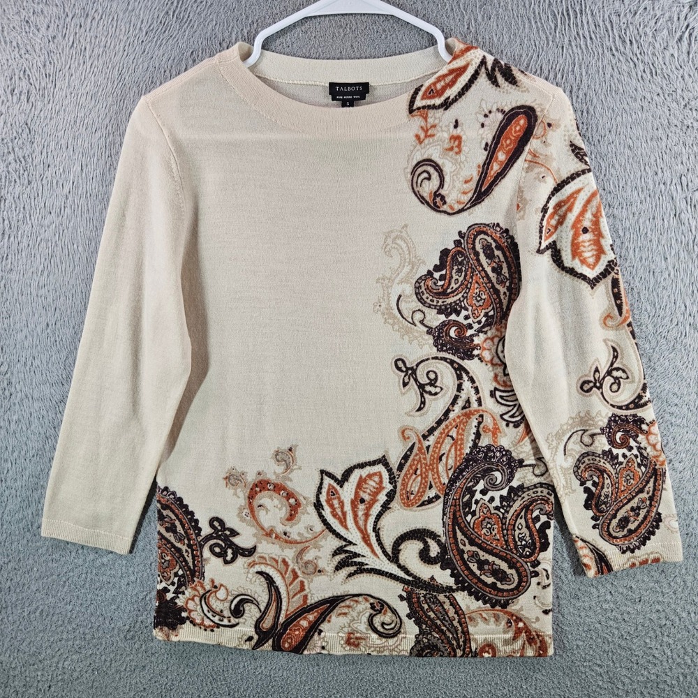 Talbots Merino Wool Sweater Womens Smallโ Beige Paisley Floral 3/4 Sleeve Knit